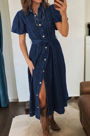 Women’s Dark Blue Denim Dress with Short Puff Sleeves and Buttons