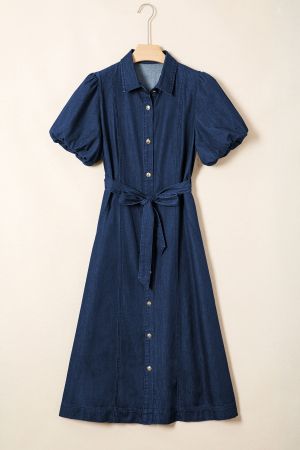Women’s Dark Blue Denim Dress with Short Puff Sleeves and Buttons