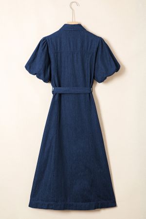Women’s Dark Blue Denim Dress with Short Puff Sleeves and Buttons