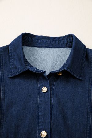 Women’s Dark Blue Denim Dress with Short Puff Sleeves and Buttons