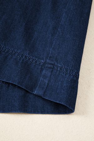 Women’s Dark Blue Denim Dress with Short Puff Sleeves and Buttons
