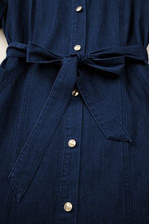 Women’s Dark Blue Denim Dress with Short Puff Sleeves and Buttons