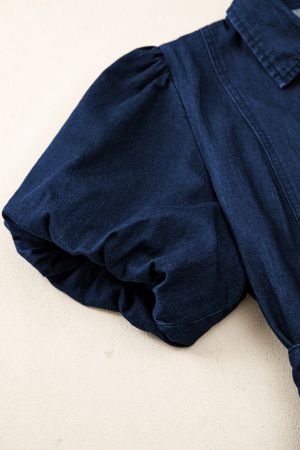 Women’s Dark Blue Denim Dress with Short Puff Sleeves and Buttons
