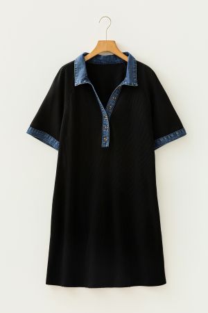 Women’s Black Dress with Denim Collar, Short Sleeves and Buttons