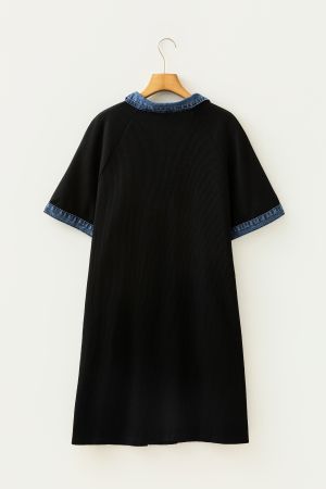 Women’s Black Dress with Denim Collar, Short Sleeves and Buttons
