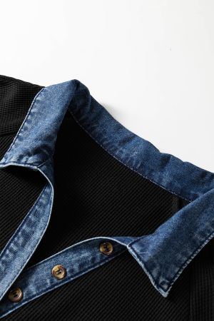 Women’s Black Dress with Denim Collar, Short Sleeves and Buttons