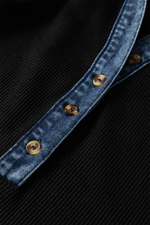Women’s Black Dress with Denim Collar, Short Sleeves and Buttons