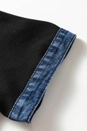 Women’s Black Dress with Denim Collar, Short Sleeves and Buttons
