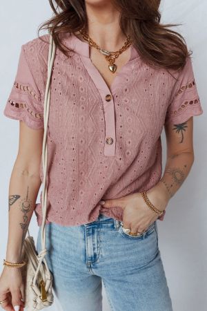 Women’s Pink Short Sleeve Blouse with Decorative Lace Texture