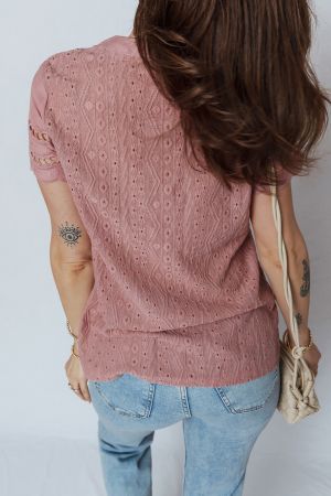 Women’s Pink Short Sleeve Blouse with Decorative Lace Texture