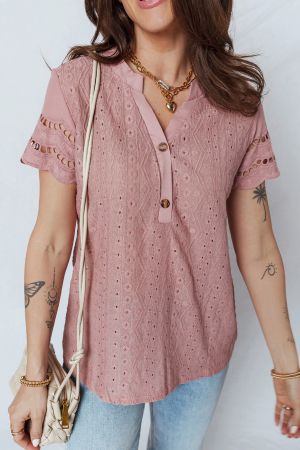 Women’s Pink Short Sleeve Blouse with Decorative Lace Texture