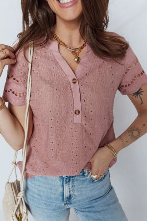 Women’s Pink Short Sleeve Blouse with Decorative Lace Texture