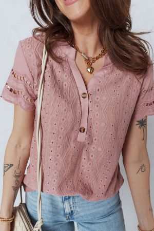 Women’s Pink Short Sleeve Blouse with Decorative Lace Texture