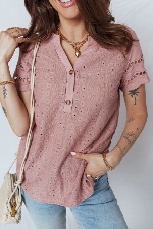 Women’s Pink Short Sleeve Blouse with Decorative Lace Texture