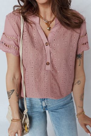 Women’s Pink Short Sleeve Blouse with Decorative Lace Texture