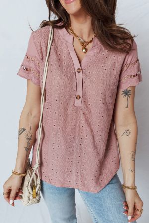 Women’s Pink Short Sleeve Blouse with Decorative Lace Texture