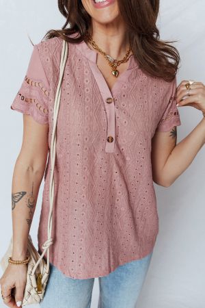 Women’s Pink Short Sleeve Blouse with Decorative Lace Texture