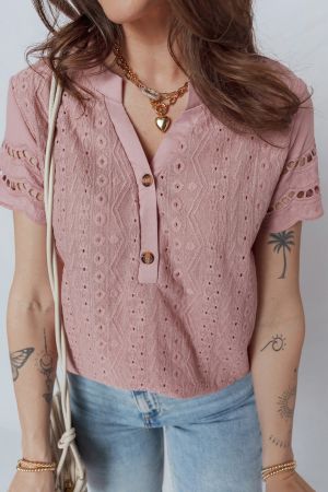 Women’s Pink Short Sleeve Blouse with Decorative Lace Texture