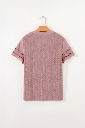 Women’s Pink Short Sleeve Blouse with Decorative Lace Texture