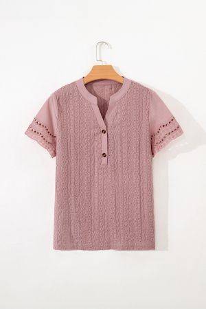 Women’s Pink Short Sleeve Blouse with Decorative Lace Texture