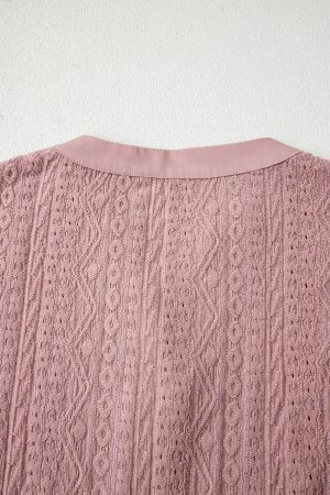 Women’s Pink Short Sleeve Blouse with Decorative Lace Texture