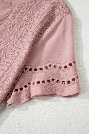 Women’s Pink Short Sleeve Blouse with Decorative Lace Texture