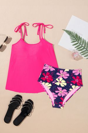 Women’s Pink Tankini Set with Floral Print and Tie Shoulder Straps