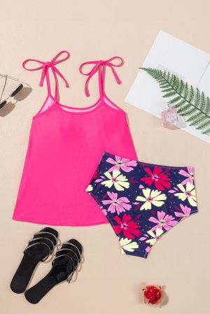 Women’s Pink Tankini Set with Floral Print and Tie Shoulder Straps