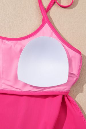 Women’s Pink Tankini Set with Floral Print and Tie Shoulder Straps