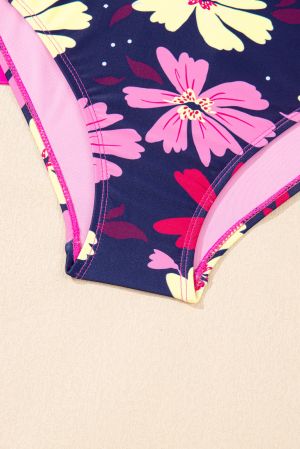 Women’s Pink Tankini Set with Floral Print and Tie Shoulder Straps