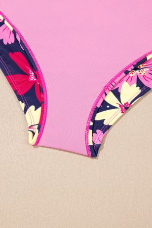 Women’s Pink Tankini Set with Floral Print and Tie Shoulder Straps