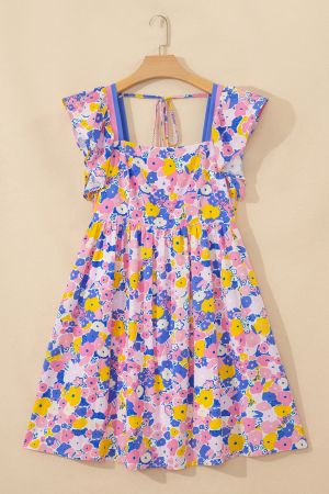 Women’s Floral Print Dress with Square Neckline and Ruffle Sleeves