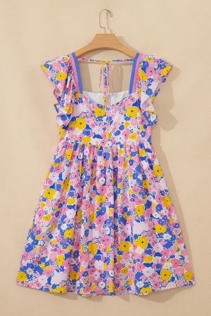 Women’s Floral Print Dress with Square Neckline and Ruffle Sleeves