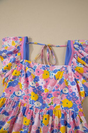 Women’s Floral Print Dress with Square Neckline and Ruffle Sleeves