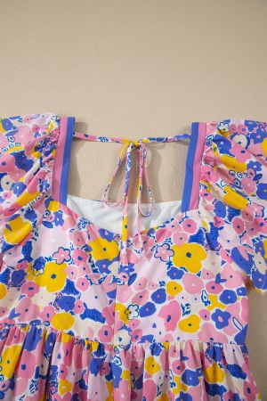Women’s Floral Print Dress with Square Neckline and Ruffle Sleeves