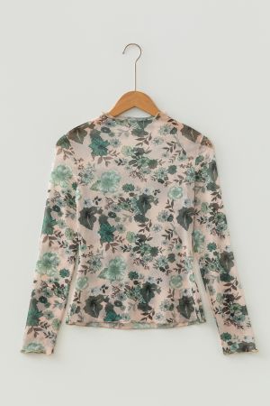 Women’s Mesh Long Sleeve Floral Print Top