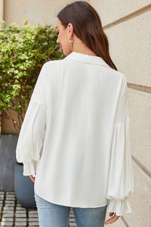 Women’s White Blouse with Collar, Buttons and Voluminous Sleeves