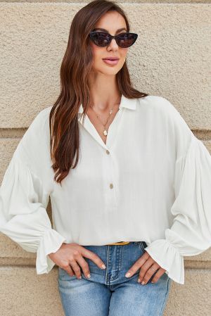 Women’s White Blouse with Collar, Buttons and Voluminous Sleeves