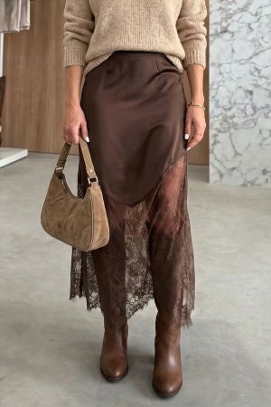 Elegant Long Satin Skirt with Lace Details