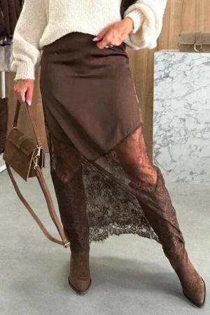 Elegant Long Satin Skirt with Lace Details