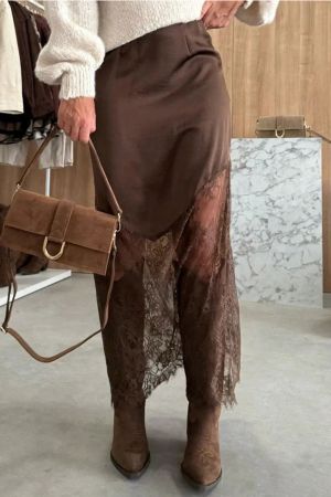 Elegant Long Satin Skirt with Lace Details