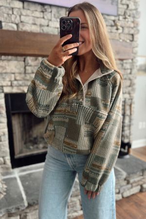 Women's Geometric Print Half-Zip Sweatshirt with High Collar