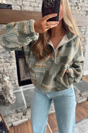Women's Geometric Print Half-Zip Sweatshirt with High Collar
