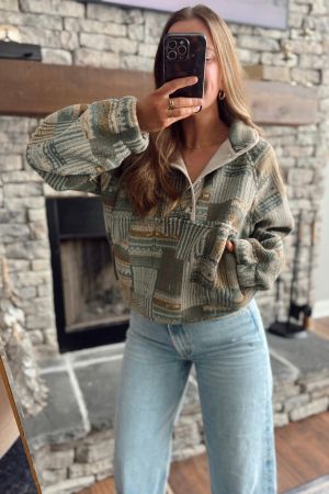 Women's Geometric Print Half-Zip Sweatshirt with High Collar