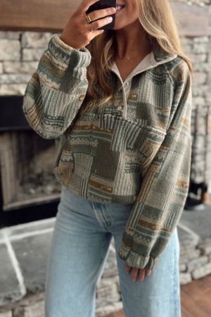 Women's Geometric Print Half-Zip Sweatshirt with High Collar