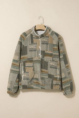 Women's Geometric Print Half-Zip Sweatshirt with High Collar