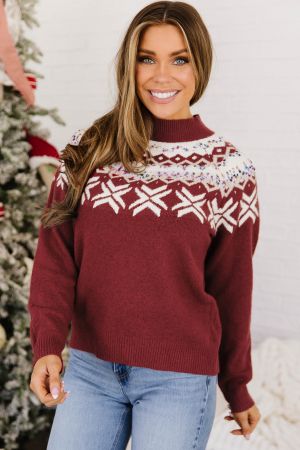 Women’s Knitted Sweater with Winter Pattern and High Neck
