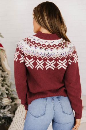 Women’s Knitted Sweater with Winter Pattern and High Neck