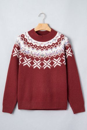 Women’s Knitted Sweater with Winter Pattern and High Neck