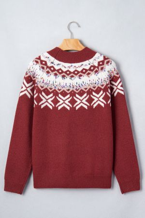 Women’s Knitted Sweater with Winter Pattern and High Neck